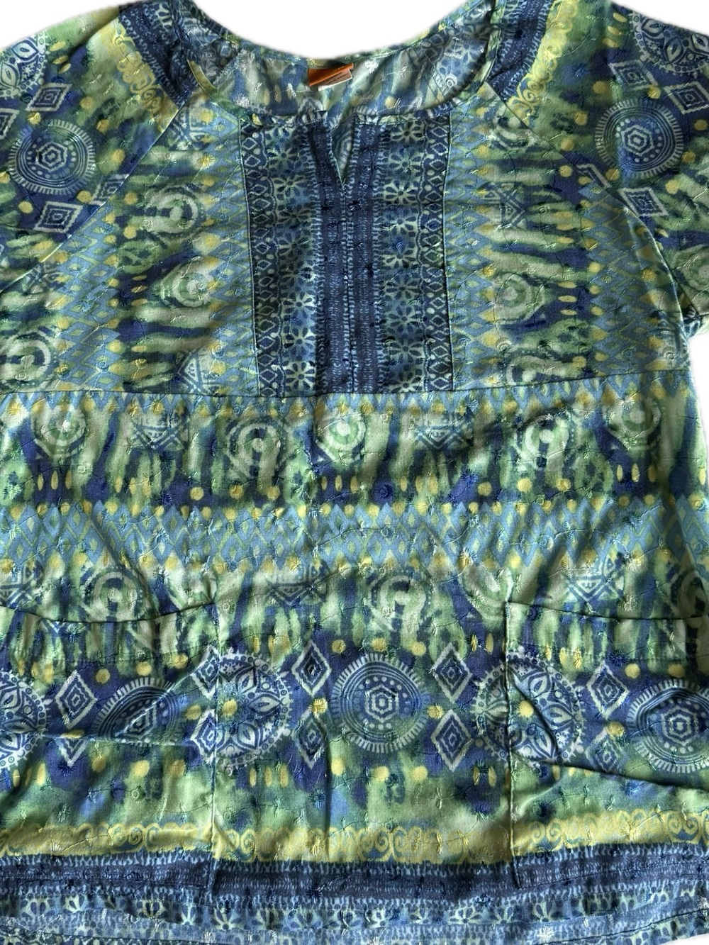 Elan Blue and Green Patterned Tunic Top